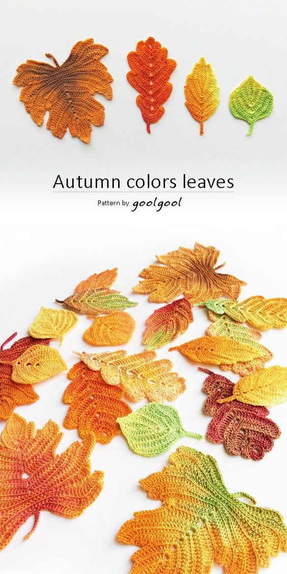 A detailed photo tutorial for 4 crochet autumn leaves: Aspen, Generic, Oak and Vine. Crocheted with an all white thread, and colored after they are finished using fabric dye. This allows for endless color combinations. Once colored, these crochet leaves can almost look real... Decorate your thanksgiving table with scattered leaves, make a wreath of autumn leaves, use them as decor at your fall wedding:)