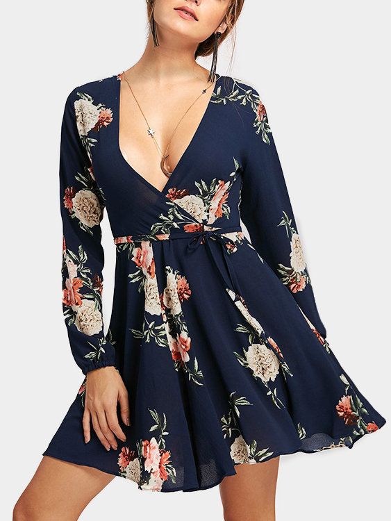 Vestido De Mujer De Manga Larga Con Cuello En V Estampado De Vestido De Mujer De Manga Larga Con Cuello En V Estampado De