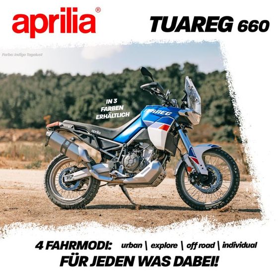 Mit der Reiseenduro Tuareg bringt Aprilia das dritte Modell seiner 660er-Zweizylinderbaureihe an den Start. Während die Spitzenleistung gegenüber den straßensportlichen Modellen RS 660 und Tuono 660 deutlich zurückgenommen worden ist, bietet das sehr drehfreudige Tuareg-Triebwerk insbesondere bei niedrigen und mittleren Drehzahlen wesentlich mehr Drehmoment! Zu haben ist die Aprilia Tuareg in den Farben Gold bzw. Rot ab 11.990 Euro, in der Farbkombination Indigo Tagelmust ab 12.690 Euro.