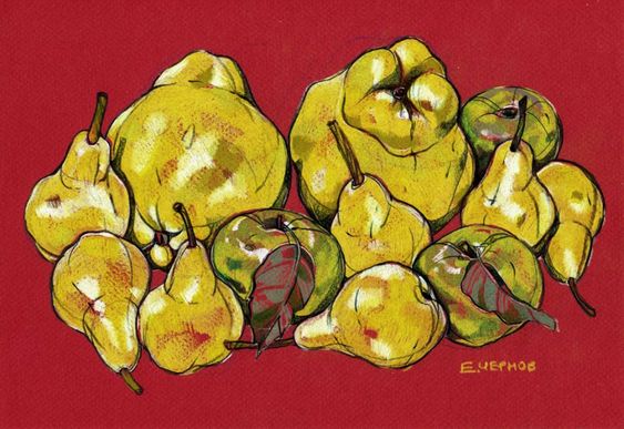 Чернов Е. Айва, груши и яблоки на красном фоне Чернов Е. Айва, груши и яблоки на красном фоне
