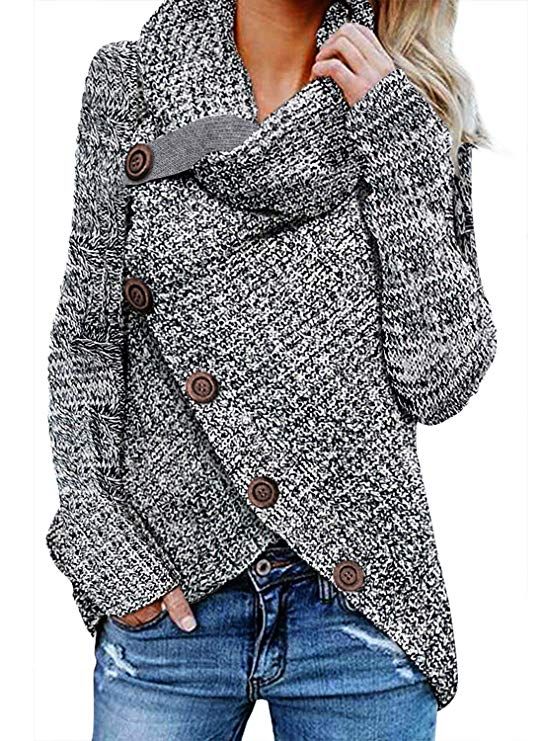 Womens Chunky Turtle Cowl Neck Asymmetric Hem Wrap Sweater Coat with Button Details Turtleneck Hankerchief Hem Loose Casual Tunic