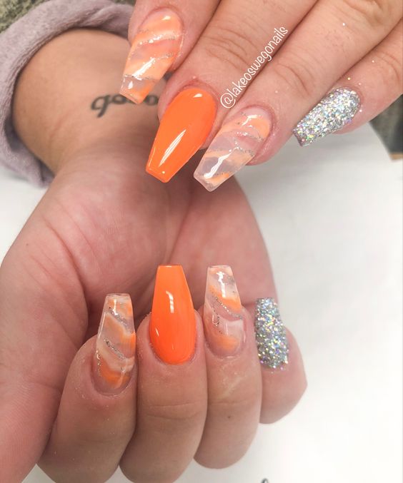 Orange and Silver Marble Nail Designs