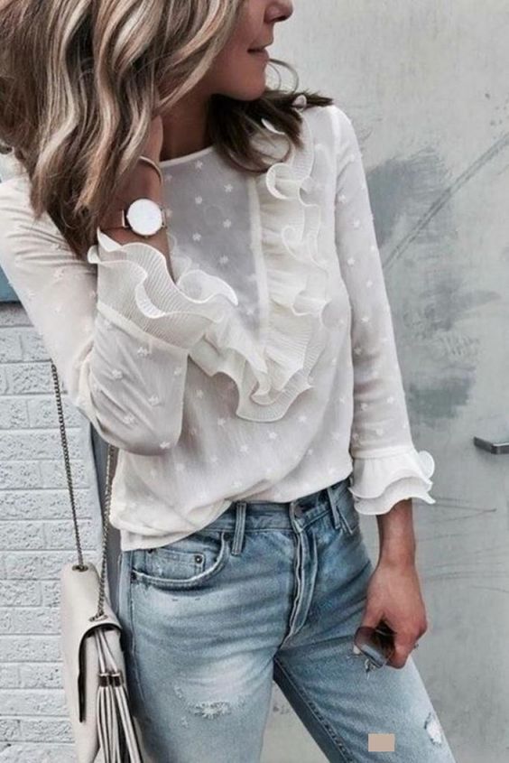 Ladies Ruffle Frill Long Sleeve Perspectived Casual Top-topmaxy.com