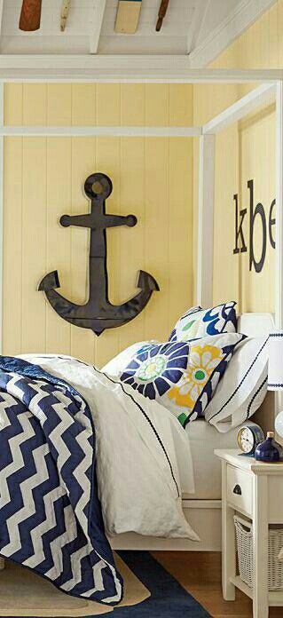 Nautic bedroom style with blue and yellow accents #bedroom #nautic #blue #yellow #decorideas #decor #homedecor #interiordesignideas