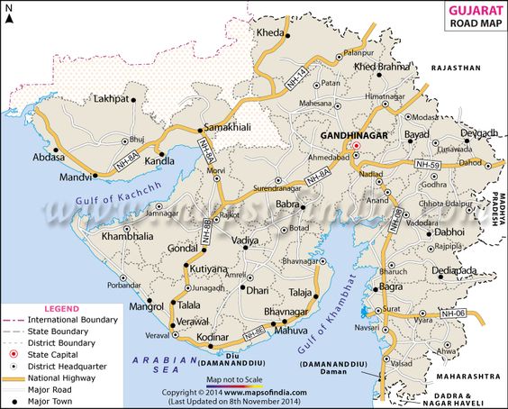 Road Network Map of Gujarat in India showing National Highways, State Highways and other roads passing through major cities and towns, Profile of Gujarat