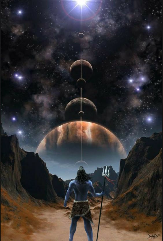 Lord Shiva as warrior in Brahmand Galaxy where all planets are in one line in creative art painting