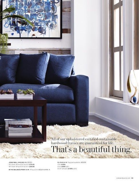 Really Love This Color Combination The White Walls And Dark Floors With Large White Rug Really Blue Sofas Living Room Blue Couch Living Room Blue Sofa Living