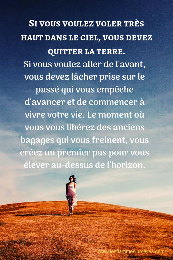 Si vous voulez voler très haut dans le ciel, vous devez quitter la terre. Si vous voulez aller de l'avant, vous devez lâcher prise sur le passé qui vous empêche d'avancer et de commencer à vivre votre vie. Le moment où vous vous libérez des anciens bagages qui vous freinent, vous créez un premier pas pour vous élever au-dessus de l'horizon.