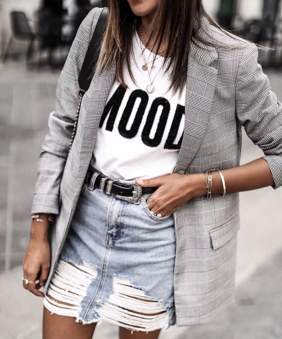 Look saia jeans e blazer
