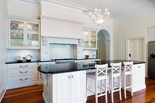 White Kitchen Black Benchtop floorboards, black benchtops, white cupboards, vintage feel White Kitchen Black Benchtop floorboards, black benchtops, white cupboards, vintage feel