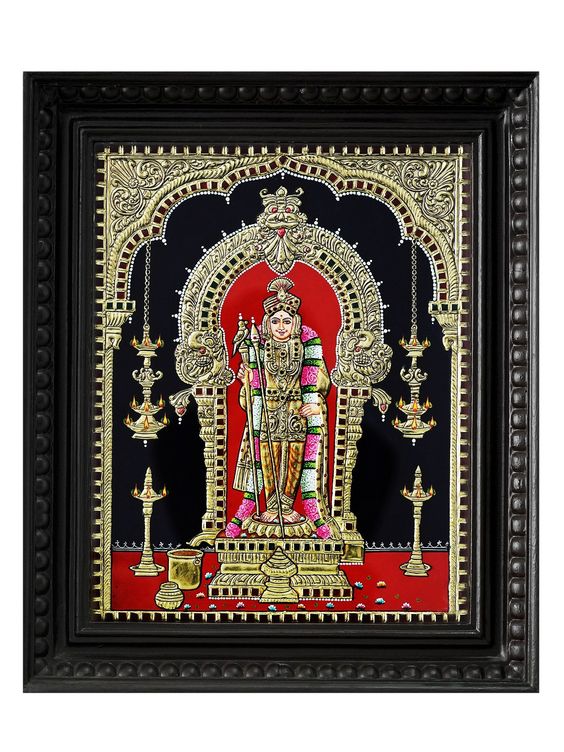 TRADITIONAL COLORS WITH 24 KARAT GOLD - Hindu God Murugan (Kartikeya) Standing Inside Arch | Traditional Colour With 24 Karat Gold | With Frame