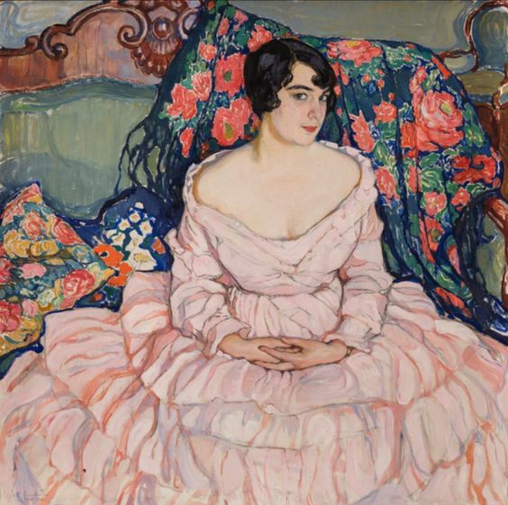 Elena Kiseleva (1878-1974, Russian), 1916, Portrait of a Lady (Lyubov Brodskaya) (поÑÑÑÐµÑ ÐÑбови ÐÑодÑкой), Oil on canvas, Private collection, 108 x 108 cm. ((aka Elena Andreevna Kiseleva or Ðлена ÐндÑеевна ÐиÑелÑва (1878-1974))