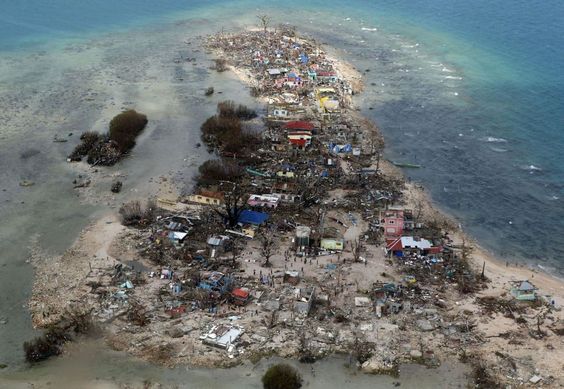 Samar, Philippines, November 11, 2013. Aerial view of the coast of Samar, devastated in the wake of Super Typhoon Haiyan. The storm, the worst natural disaster ever recorded in the Philippines, caused 10,000 deaths.