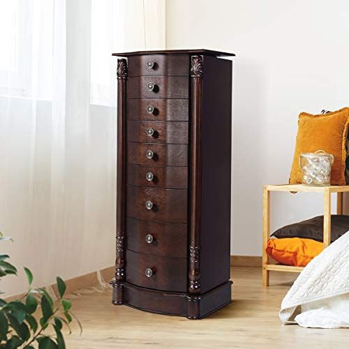 Giantex Jewelry Armoire Chest Cabinet Storage Box with Top Flip Makeup Mirror Large Standing Organizer for Bedroom 10 Necklace Hooks Space Saving Side Swing Doors Jewelry Armoires w// 5 Drawers Black