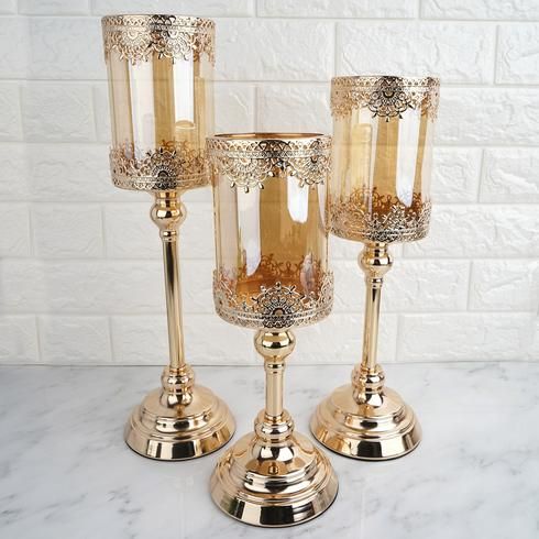 13 Tall Lace Design Gold Amber Hurricane Glass Candle Holder With Glass Tube Glass Hurricane Candle Holder Tall Candle Holders Candle Holders