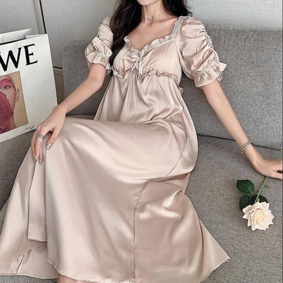 Palace Style Princess Long Nightgown Satin Silk Home Dress