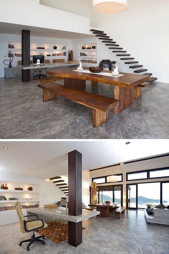 This Home Office With A Concrete Desk Integrated A Column Into Its Design