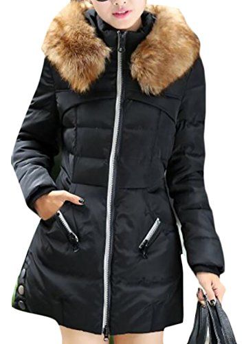 XQS Womens Long Sleeve Slim Fit Mid Long Faux-Fur Collar Down Jacket Coat
