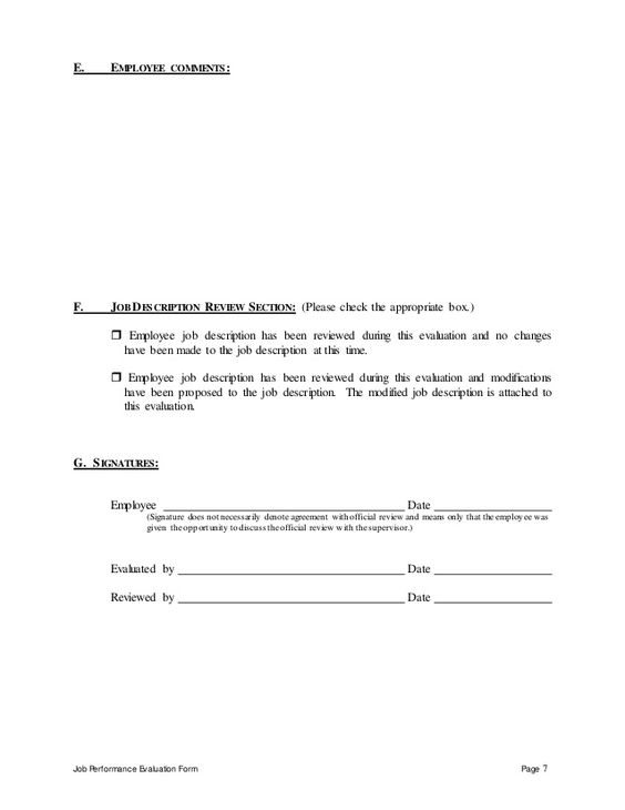Job Performance Evaluation Form Page 7 E EMPLOYEE COMMENTS F - employee evaluation form template Job Performance Evaluation Form Page 7 E EMPLOYEE COMMENTS F - employee evaluation form template