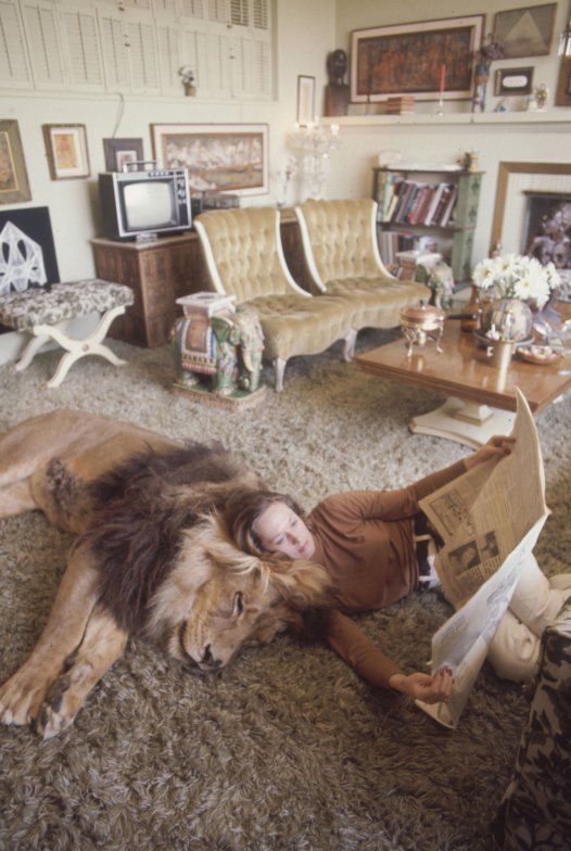 Actress Tippi Hedren and family at home with their 400-pound pet lion, Neil (1971) - Imgur