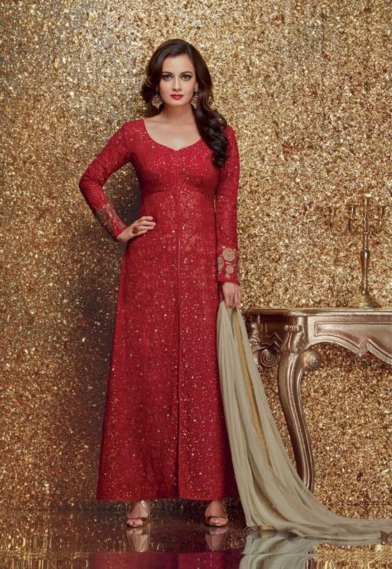 Dia mirza red color georgette designer party wear suit