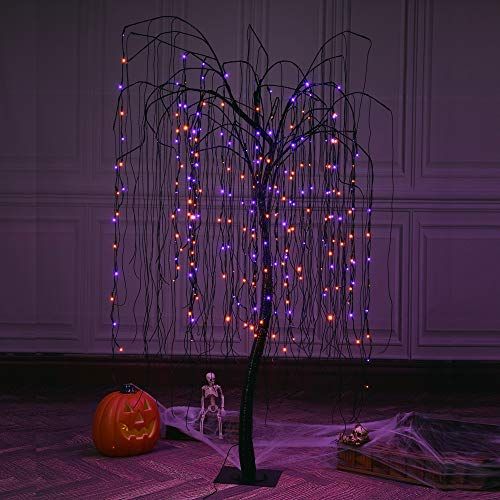 EAMBRITE 2FT Black Glitter Spooky Tree Lights with 24 LED Purple Lights and Black Bat Ornaments for Halloween Witch Decoration Battery Operated Indoor Use