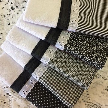 5 panos de prato preto e branco com bordado inglês e vies