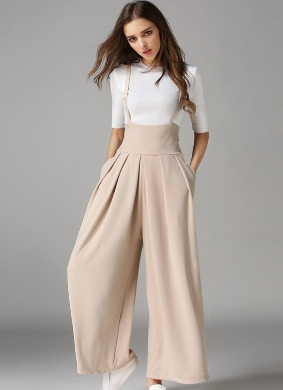 Elegant Loose Long Culottes Wide Leg High Waist Pockets Strap Pants