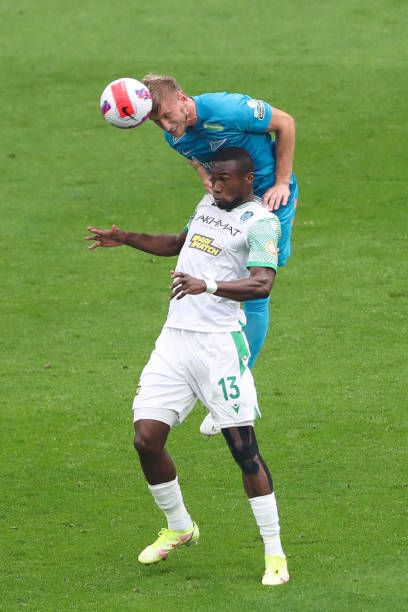 Zenit St P 3 Akhmat Grozny 1 in Sept 2021 at Zenit Arena. Dmitri Chistyakov outjumps Mohamed Konate to head clear for Zenit in the Russian Premier League.