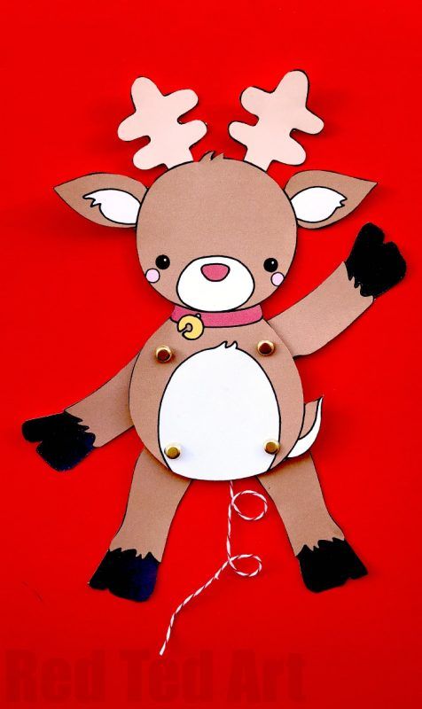 Paper Reindeer Puppet Template - we love a good Rudolph Craft.. how adorable is this Rudolph animated puppet? Print, cut and assemble (or colour your own!). Love these Christmas Printables #Christmas #christmasprintables #printables #templates #paperpuppets #rudolph #rudolphcrafts #Papercrafts #papercraftsforkids