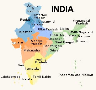 map of India showing the provinces. Madhya Pradesh is shown in dark coral in central India, directly east of Gujarat.