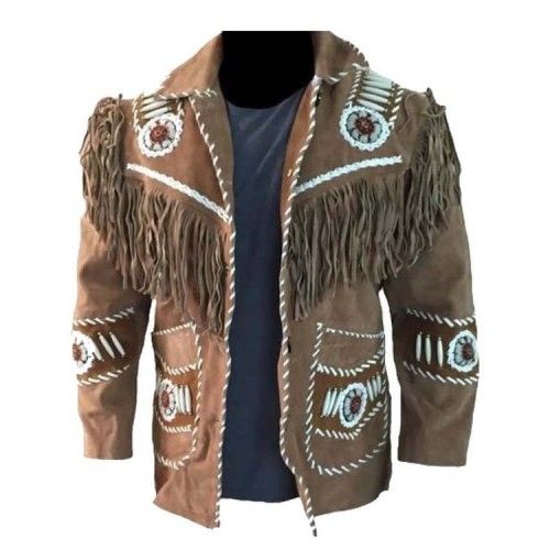 Men/'s Traditional Western Cowboy Leather Jacket coat with fringe bones and beads