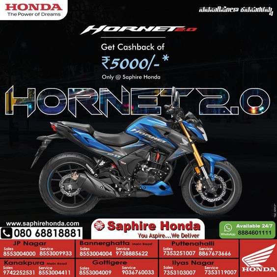 Aggressive illumination that confidently shines the way. See and be seen with the LED All Around on the fierce Honda Hornet 2.0. Whether it is night or day, whatever the condition may be, visibility is never an issue. Emphasize the Street Fighter look with the LED design. Get a cashback of Rs.5,000/-* only @ Saphire Honda. #FlyAgainstTheWind For more information, visit our website https://saphirehonda.com or contact us on 08068818881 #HondaBikes