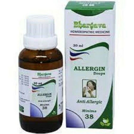 Dr. Bhargava Homeopathic Allergin Drops Minims 38 30ml for allergic Rhinitis X 2 This product data sheet is originally written in English. PACK OF 2 Dr. Bhargava Allergin Drops(Minims 38) Acts on mucous membranes of nose and lachrymal glands Indicatios ofDr. Bhargava Allergin Drops(Minims 38) · Allergic manifestations, hay fever. · Sneezing, Irritation of nose. Itching and burning in the eyes Action of Ingredients in Dr. Bhargava Allergin Drops(Minims 38) Ambrosia 30, ApisM