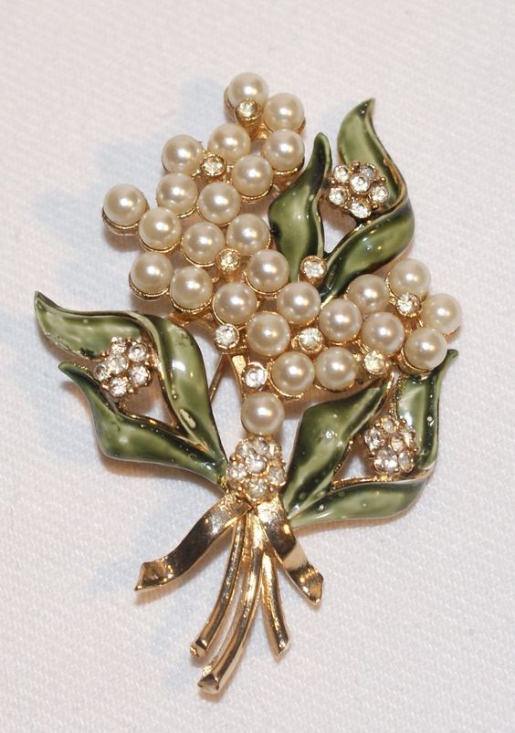 Francois Coro Enamel, Rhinestone and Artificial Pearl Floral Pin Brooch Luminous Bijoux Exclusively on Ruby Lane