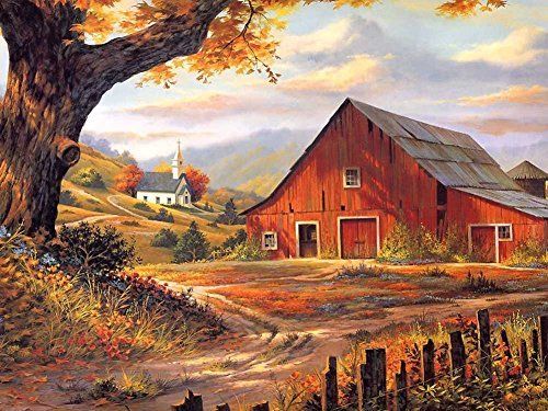 art on wood wall art rural landscape farm scene autumn vintage art Paint by Number style *FINISHED Art Block /'Fall Barn Silhouette/'