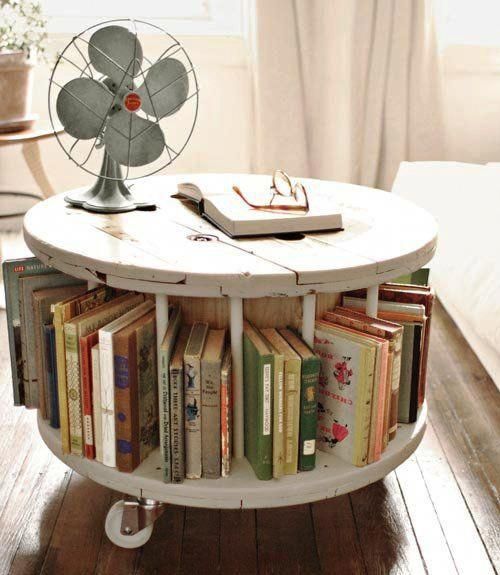Shabby Chic Round Coffee Table Bookshelf Vintage Furniture Repurposed Diamond In The Spaces For A Rolli Spool Cable Bookshelves Diy Cable Spool Furniture, Round Coffee Table With Bookshelf