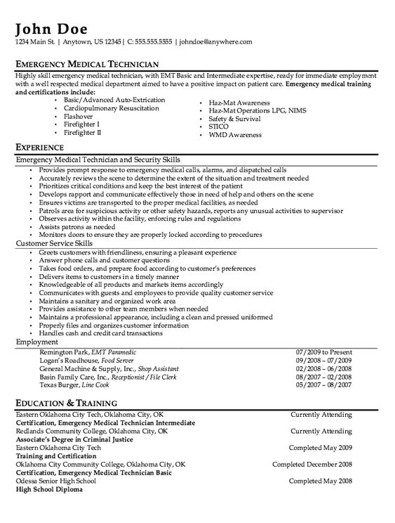 certified emt resume