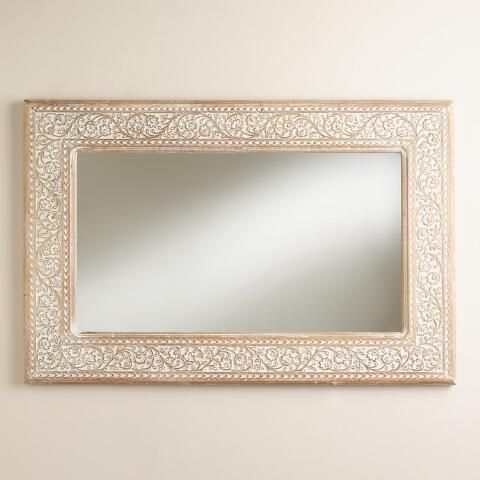 White Washed Wooden Mirror Carved Wood Ornate White Washed Wooden Mirror Carved