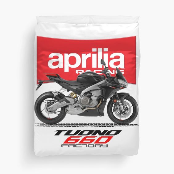 Machine washable duvet cover with edge-to-edge print on one side and white on back. Soft and breathable 100% polyester top and 50% cotton blend back. Available in twin, queen, king sizes. Note: duvet insert not included. Awesome Design of Aprilia Tuono660, ride with the new amazing graphic designer of Aprilia products or gift it to your most lovable one who liked it.