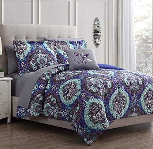 Amrapur Overseas 4bdstprtg Ctd Tn Cathedral 8 Piece Printed Reversible Bed In A Bag Twin Purple Grey Teal Trendy4life Complete Bedding Set Sets Bedding Sets, Purple And Grey King Size Bedding