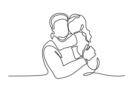 Continuous Line Art Drawing. Happy young father hug little daughter. Vector Illustration