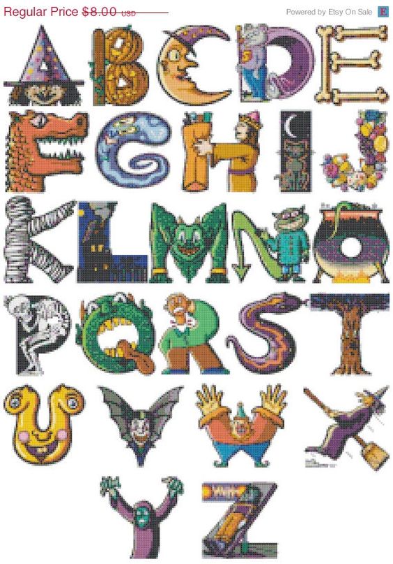 ON SALE Alphabet halloween with characters - 220 x 305 stitches - Cross Stitch Pattern Pdf - INSTANT Download - C561