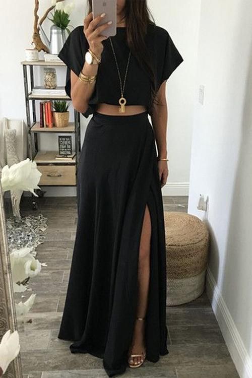 Solid Crop Top Slit Maxi Skirts Set - S / Black