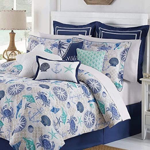 3 Piece Modern Nautical Comforter Set Twin Size Allover Seass Anchors Sea Life Pattern Bright Beau King Sets Queen Coastal Bedding Comforter Sets Coastal Bedding, Cal King Coastal Bedding