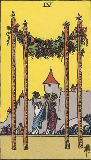 Four of Wands is a card used in Latin suited playing cards which include tarot decks. It is part of what tarot card readers call the "Minor Arcana". This card is generally considered positive. It is said to reflect harmony and positive feelings, hard work with good results. According to Waite, it is country life, haven of refuge, a species of domestic harvest-home, repose, concord, harmony, prosperity, peace, and the perfected work of these. The key meanings of the Four of Wands: Celebration...