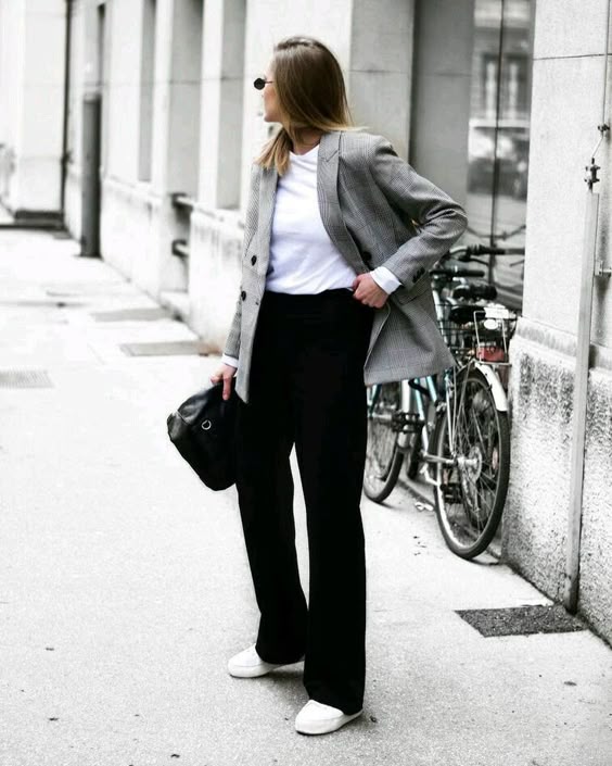 Check blazer, white tee, black trousers, white trainers