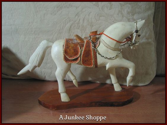 WOOD HORSE Small White Desk Or Shelf Decoration With Wooden Saddle Junk 949 http://ajunkeeshoppe.blogspot.com/