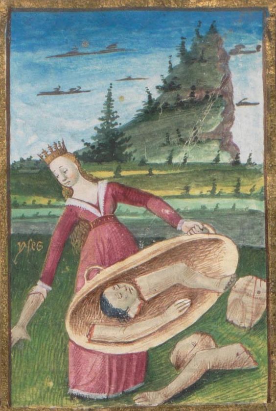 Cologny, Fondation Martin Bodmer, Cod. Bodmer 174, detail of f. 3r (Isis gathering Osirisâ body parts). Boccaccio, Des cas des nobles hommes et femmes. 15th century