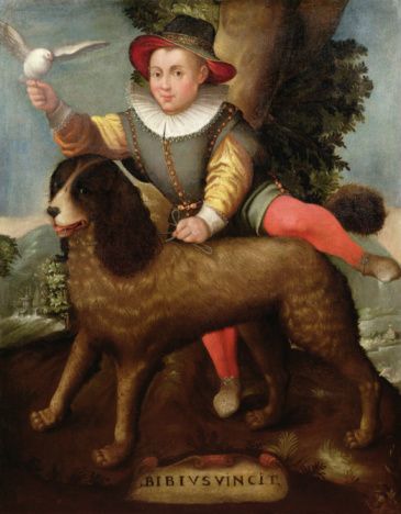 Painting, noble boy with dog. 17th century.